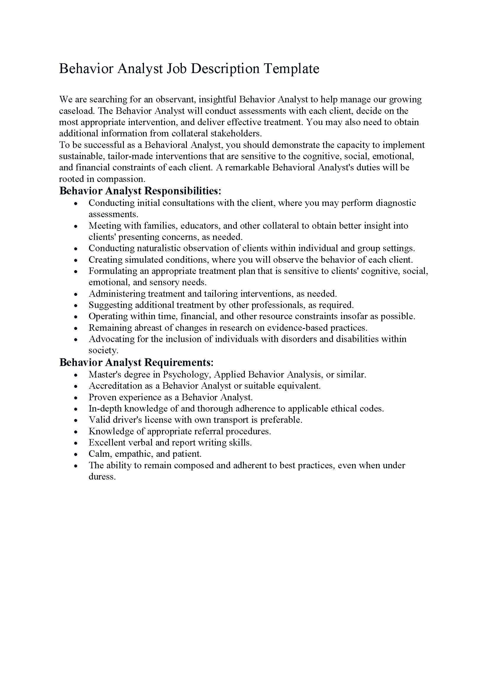 Behavior Analyst Job Description Template